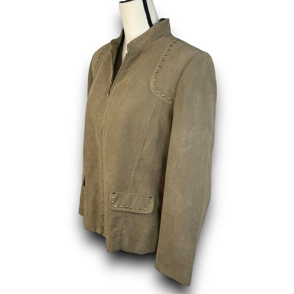 Alfred Dunner Lightweight Faux Suede Jacket Studded Zipper Front Tan Size 10 - Picture 6 of 9